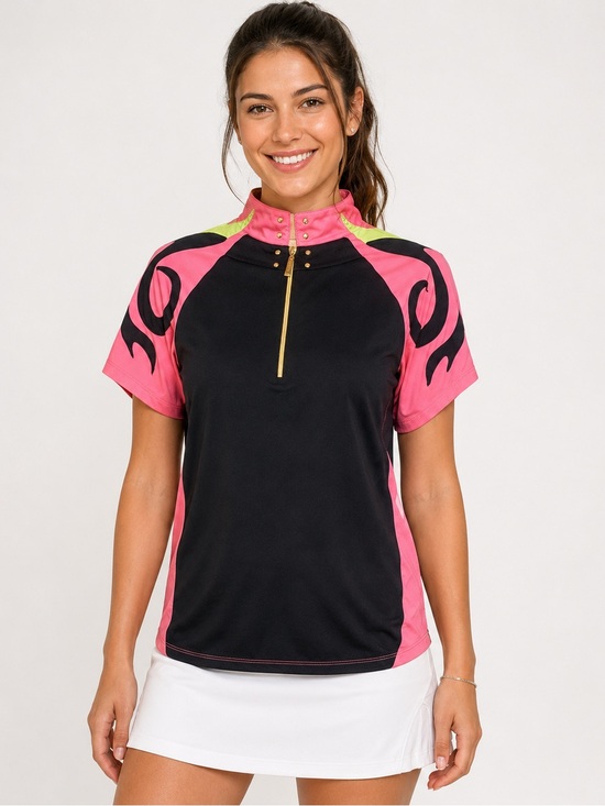 jamie sadock Tops - Jamie Sadock Top Womens L Pink Black Flame Zip Mock Neck Y2K Golf Athletic Shirt